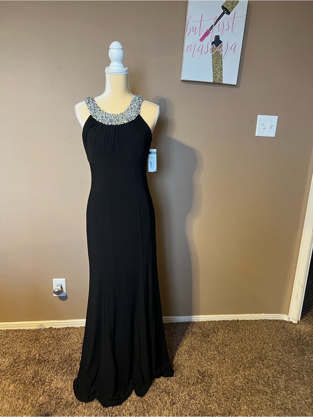 Elegant Black Beaded Halter Evening Gown